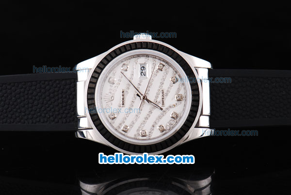 Rolex Datejust New Model Oyster Perpetual ETA Case with Black Diamond Bezel and White Diamond Crested Dial-Black Rubber Strap - Click Image to Close